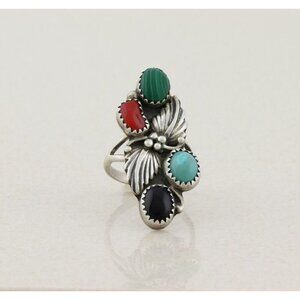 Sterling Silver Vintage Turquoise, Onyx, Coral, Malachite Ring Size 7